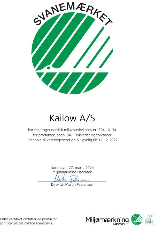 Kailow Svanemærket Certifikat - miljø og ESG